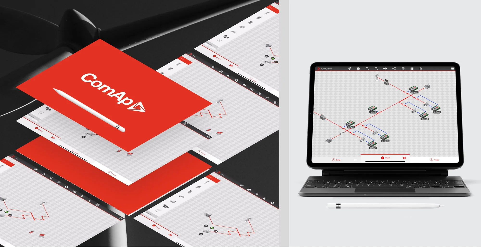 The ComAp brand card and app screens laid over a dark turbine, beside an iPad on a keyboard showing a power-system topology being wired up.