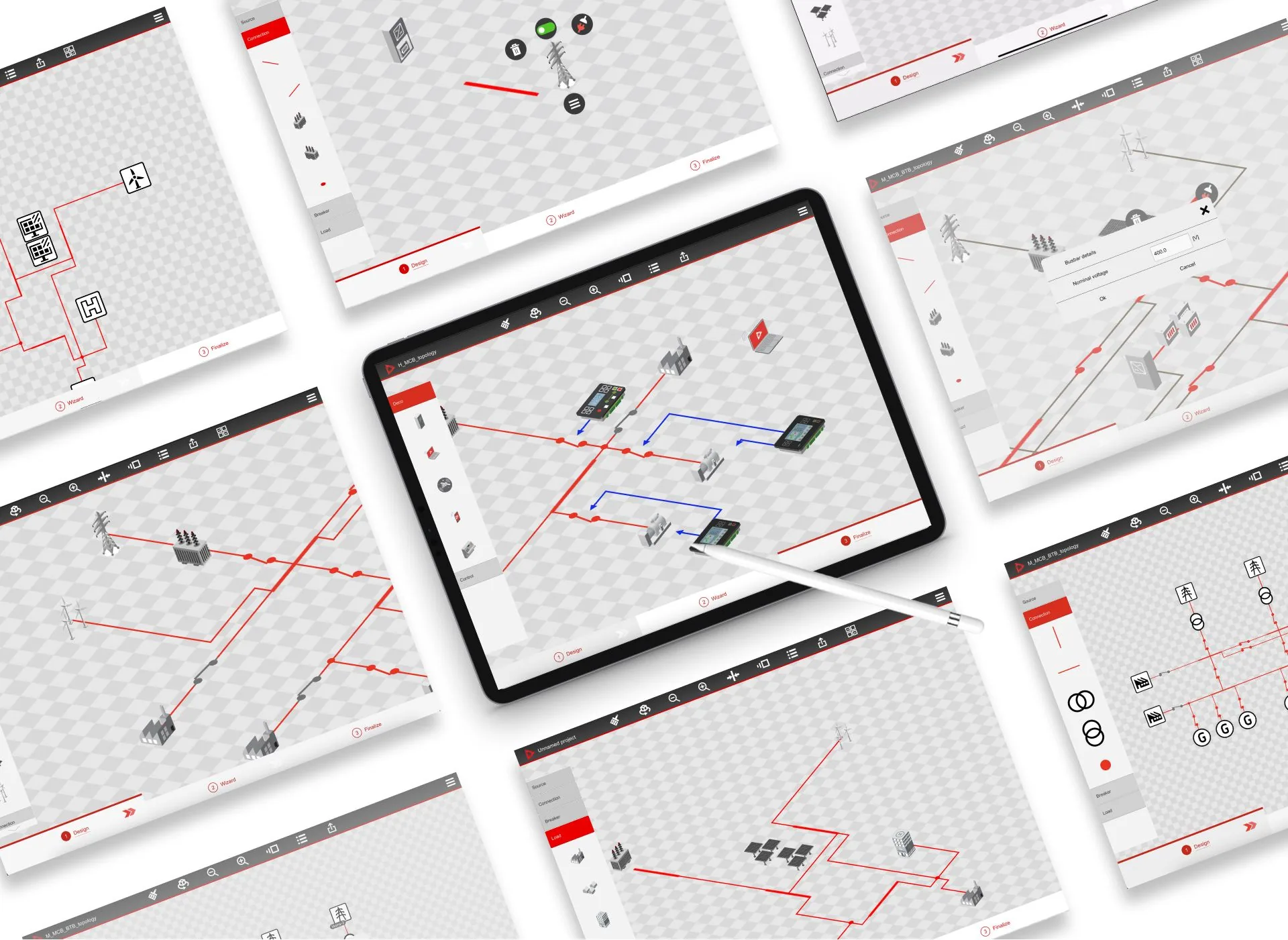 An iPad running the ComAp Design Studio, surrounded by tilted screenshots of the app: power-system topology diagrams drawn in red on a light grid.