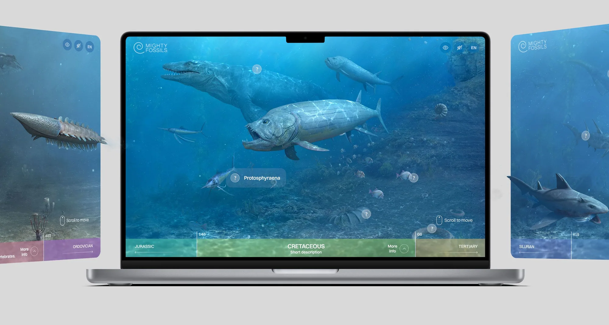 A laptop showing the Cretaceous scene — a mosasaur and a large armoured fish over a reef, with a labelled marker reading Protosphyraena — flanked by two more period scenes.