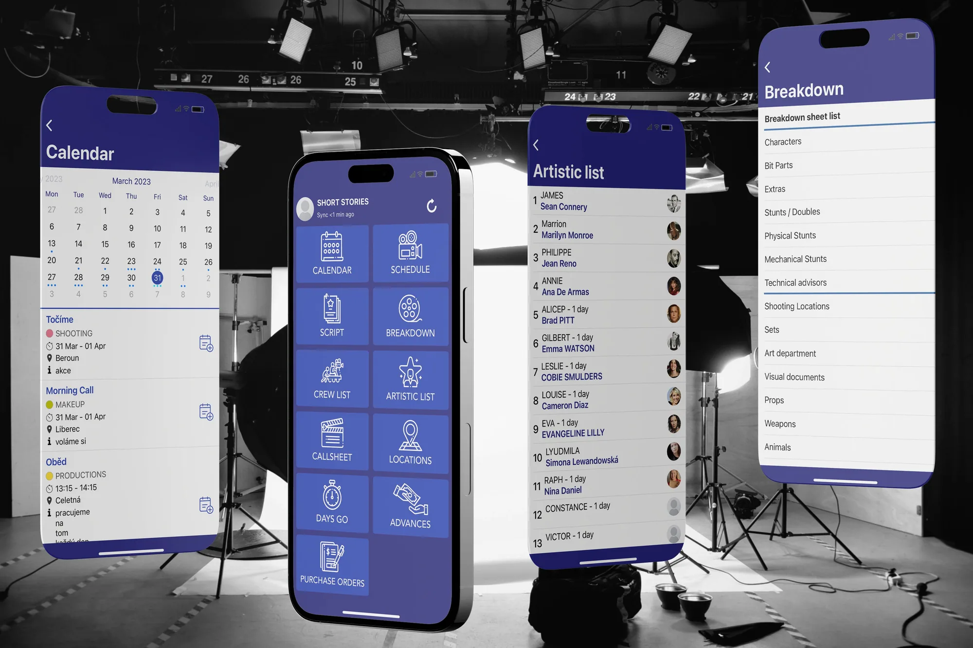 Four phone screens floating in front of a lit studio: a shooting calendar, the app's menu of production tools, an artistic list of cast, and a breakdown sheet.