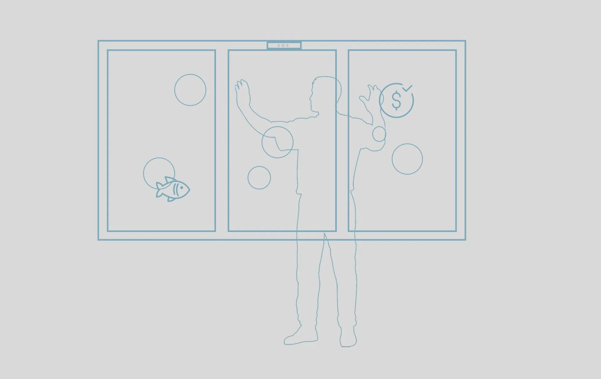A line drawing of the installation: a person standing at arm’s length from a three-panel screen, hands raised to catch floating bubbles tracked by a sensor above.