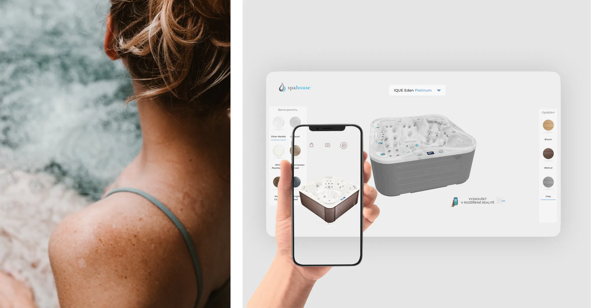 A bather looking out over water, beside the configurator screen: a hot tub rendered in 3D with surface and cladding swatches, and a phone held up previewing the same tub in augmented reality.