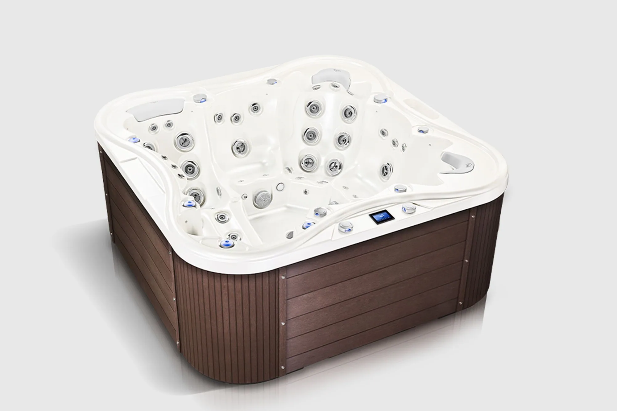 A hot tub rendered in 3D against a plain background: a white moulded interior with dozens of jets, set in dark wood-effect cladding.