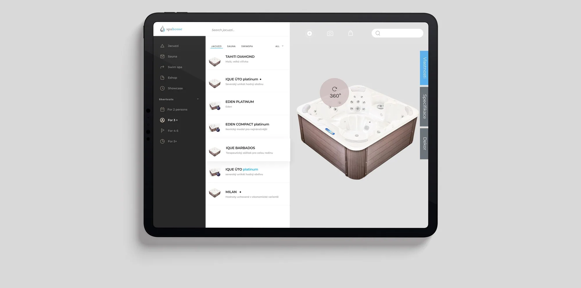 A tablet showing the configurator's catalogue: a list of hot tub models on the left and a 3D model on the right with a 360° rotation prompt over it.