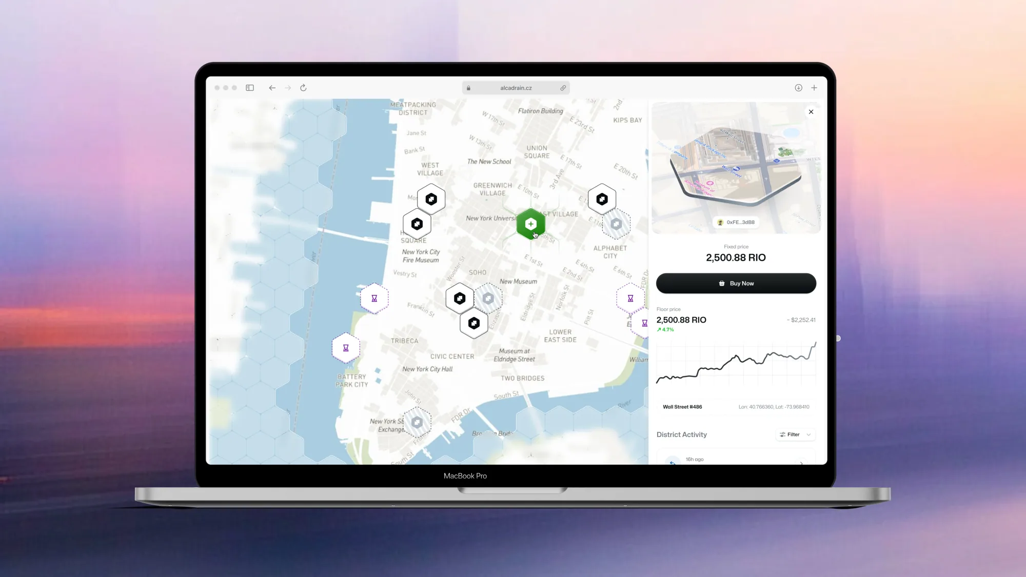 A MacBook showing a Manhattan map of hexagonal district tiles, beside a sidebar with a fixed price, a “Buy Now” button, and a price history chart.