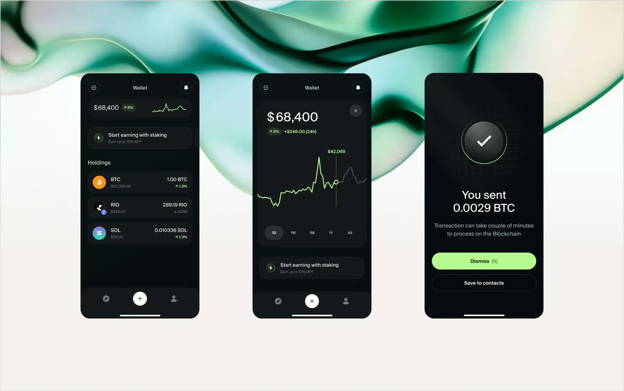 Three phone mockups of the Freehold wallet app against a dark green backdrop: a portfolio balance, a price chart, and a sent-transaction confirmation.
