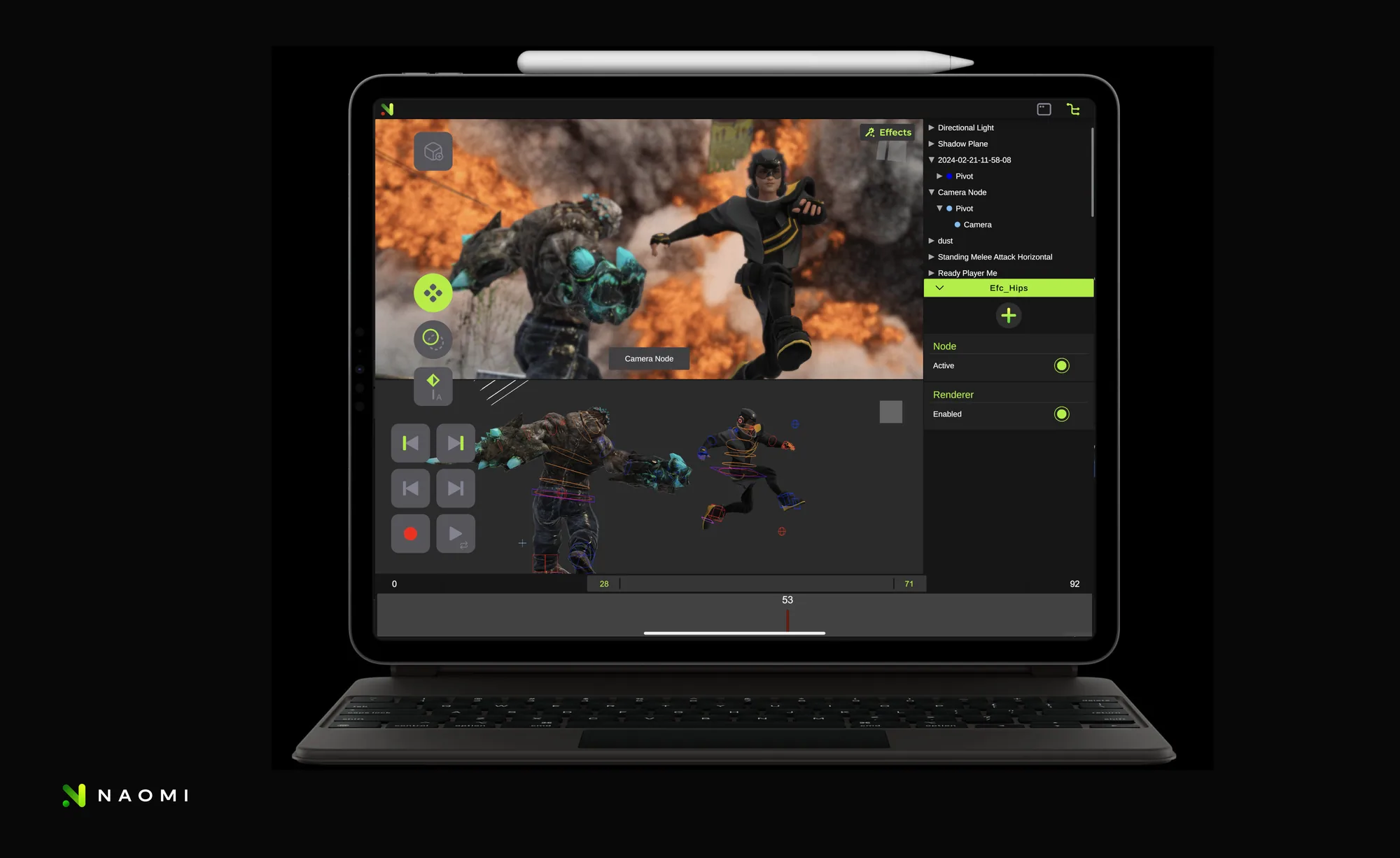 An iPad Pro with a keyboard and Apple Pencil running Naomi: a rendered shot of an armoured character leaping at a creature through an explosion, the same moment shown below as an animation rig, beside a scene hierarchy and a timeline scrubbed to frame 53.