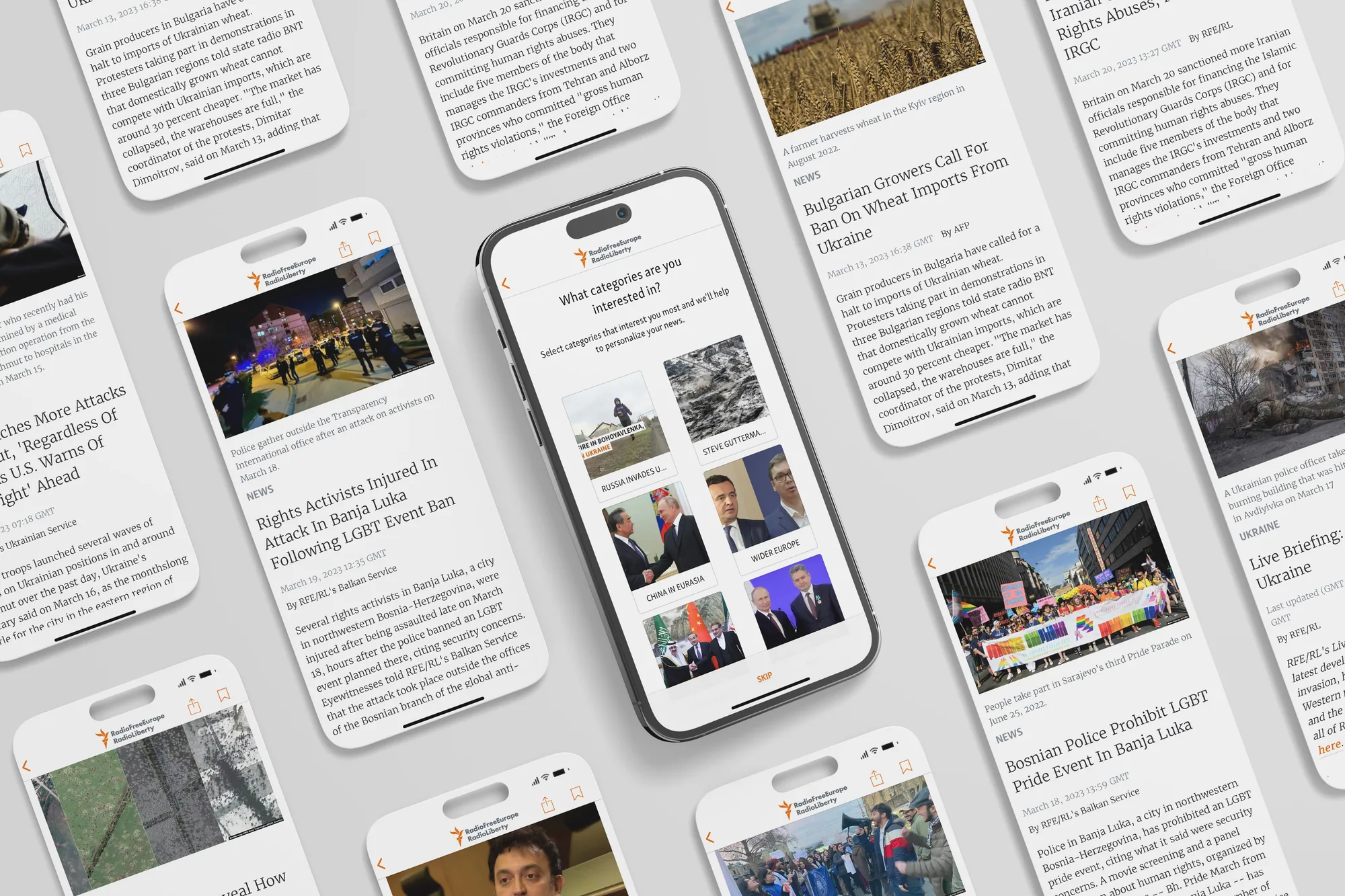 A field of tilted phone screens showing the Radio Free Europe app: news articles on Ukraine, Bulgaria and the Balkans around a central phone asking which categories the reader is interested in.